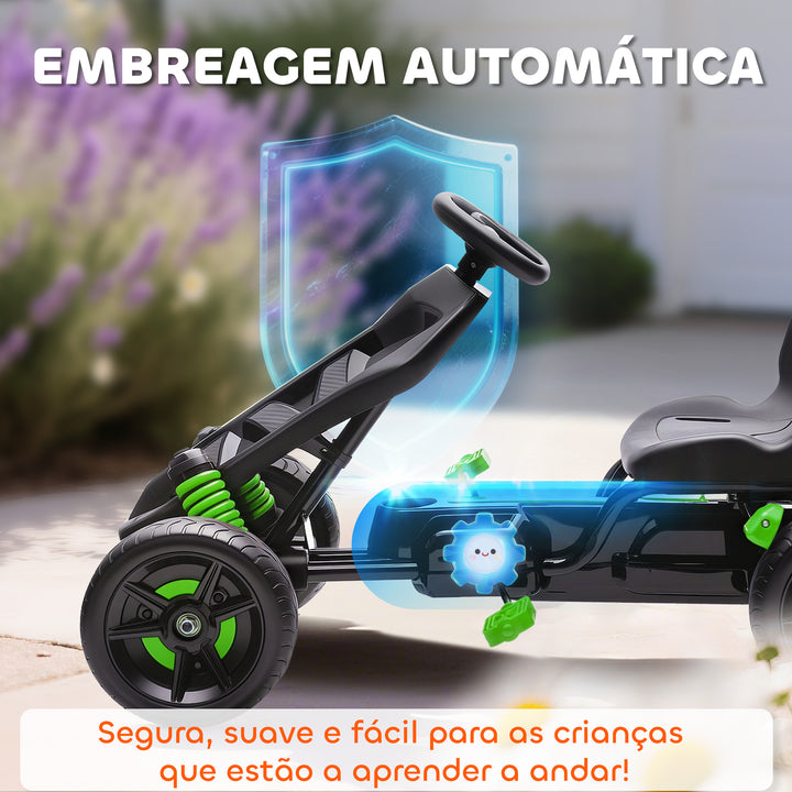 Kart a Pedais para Crianças a Partir dos 3 Anos Kart com Embraiagem Automática Travão Rodas Antiderrapantes em EVA e Estrutura Metálica Carga 50 kg 100x59x60,5 cm Verde