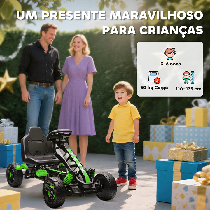 Kart a Pedais para Crianças a Partir dos 3 Anos Kart com Embraiagem Automática Travão Rodas Antiderrapantes em EVA e Estrutura Metálica Carga 50 kg 100x59x60,5 cm Verde