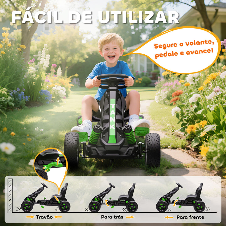 Kart a Pedais para Crianças a Partir dos 3 Anos Kart com Embraiagem Automática Travão Rodas Antiderrapantes em EVA e Estrutura Metálica Carga 50 kg 100x59x60,5 cm Verde