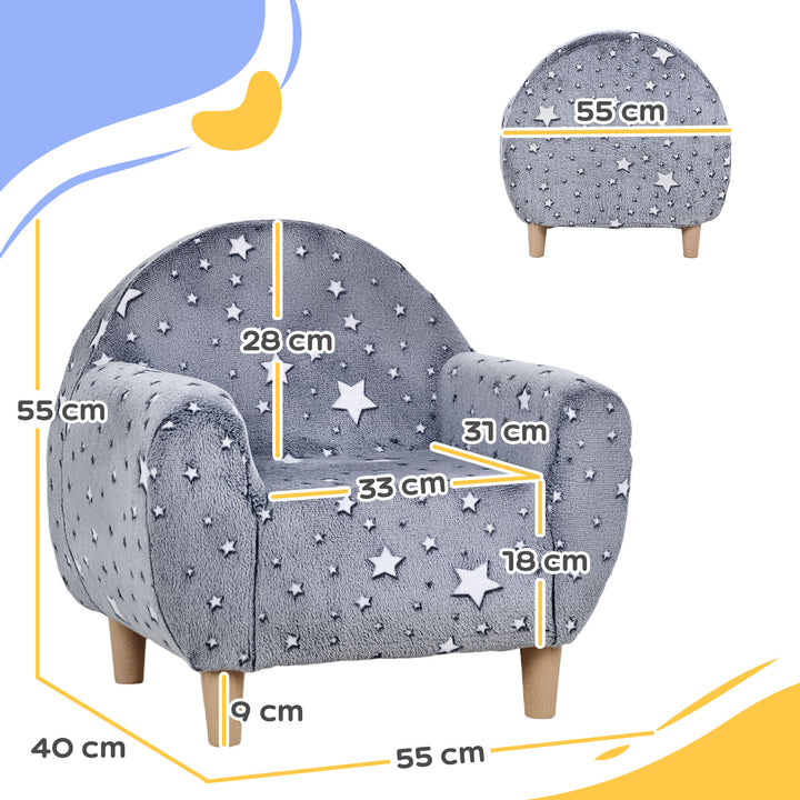 Poltrona para Crianças com Desenho de Estrelas que Brilham no Escuro Sofá para Crianças de 18-36 Meses Tecido Suave de Veludo Apoios de Braços Carga 45 kg 55x40x55 cm Cinzento