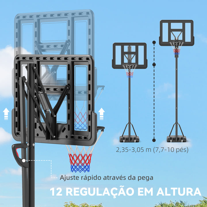 Tabela de Basquetebol de Exterior com Altura Ajustável 235-305 cm Tabela de Basquetebol com Suporte Rodas Base Recarregável e Bolsa de Peso 90x60x305 cm Preto