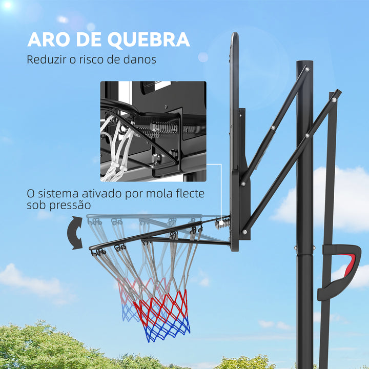 Tabela de Basquetebol de Exterior com Altura Ajustável 235-305 cm Tabela de Basquetebol com Suporte Rodas Base Recarregável e Bolsa de Peso 90x60x305 cm Preto
