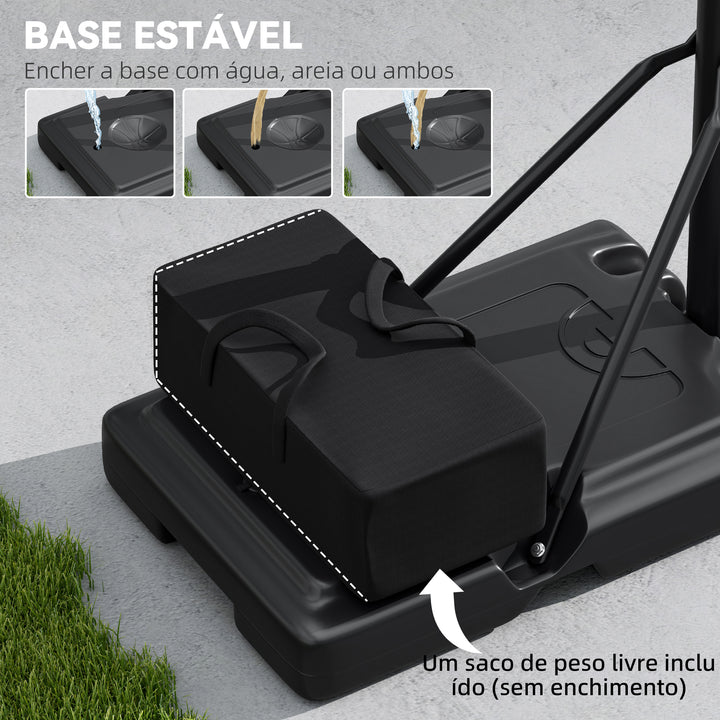 Tabela de Basquetebol de Exterior com Altura Ajustável 235-305 cm Tabela de Basquetebol com Suporte Rodas Base Recarregável e Bolsa de Peso 90x60x305 cm Preto