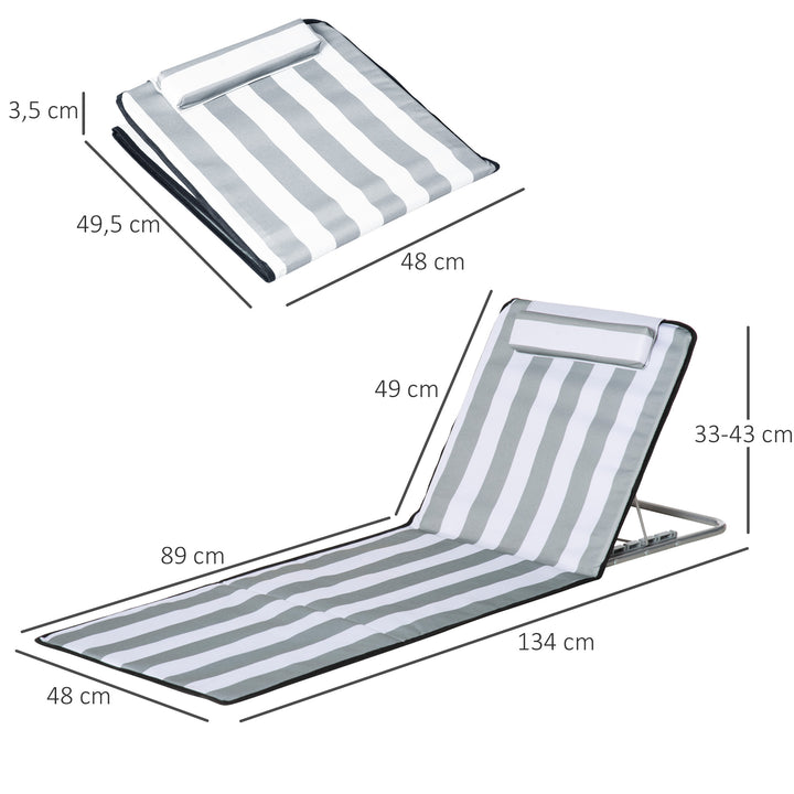 Conjunto de 2 Esteiras de Praia com Encosto Reclinável em 5 Níveis Bolsa de Transporte e Apoio de Cabeça 48x134x33-43 cm Branco e Cinzento