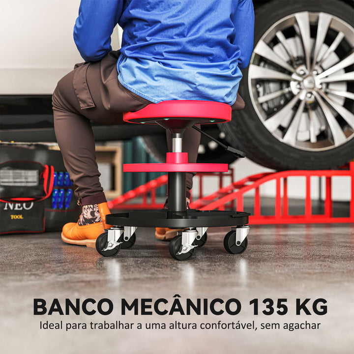 Banco de Oficina Giratório com Rodas Altura Ajustável de 40-51 cm Assento de Banco para Mecânico com 2 Bandejas para Ferramentas, Carga 135 kg para Garagem ou Reparação de Automóveis Vermelho