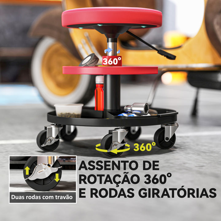 Banco de Oficina Giratório com Rodas Altura Ajustável de 40-51 cm Assento de Banco para Mecânico com 2 Bandejas para Ferramentas, Carga 135 kg para Garagem ou Reparação de Automóveis Vermelho
