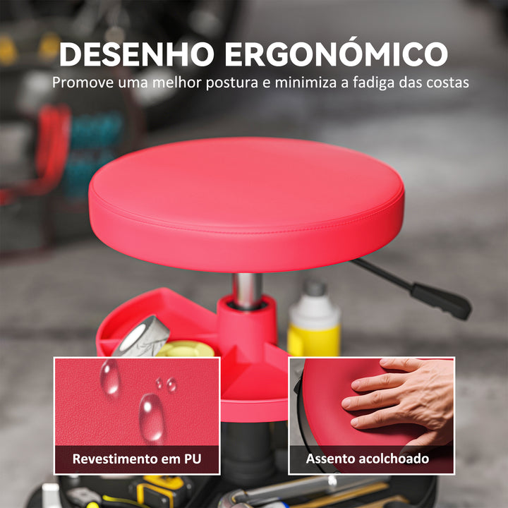 Banco de Oficina Giratório com Rodas Altura Ajustável de 40-51 cm Assento de Banco para Mecânico com 2 Bandejas para Ferramentas, Carga 135 kg para Garagem ou Reparação de Automóveis Vermelho
