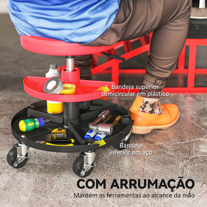 Banco de Oficina Giratório com Rodas Altura Ajustável de 40-51 cm Assento de Banco para Mecânico com 2 Bandejas para Ferramentas, Carga 135 kg para Garagem ou Reparação de Automóveis Vermelho