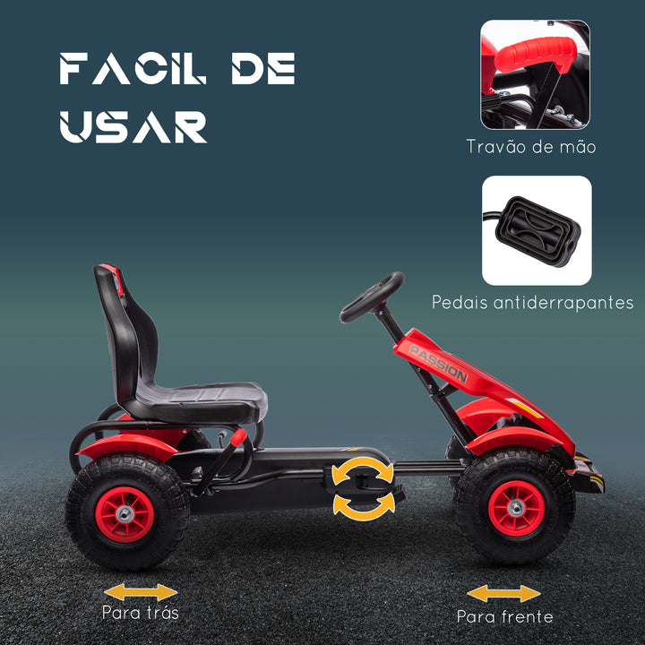 Kart a Pedais para Crianças Kart a Pedais Infantil com Assento Ajustável Pneus de Goma Travão de Mão para Crianças de 5-12 Anos Carga Máxima 50 kg 121x58x61 cm Vermelho