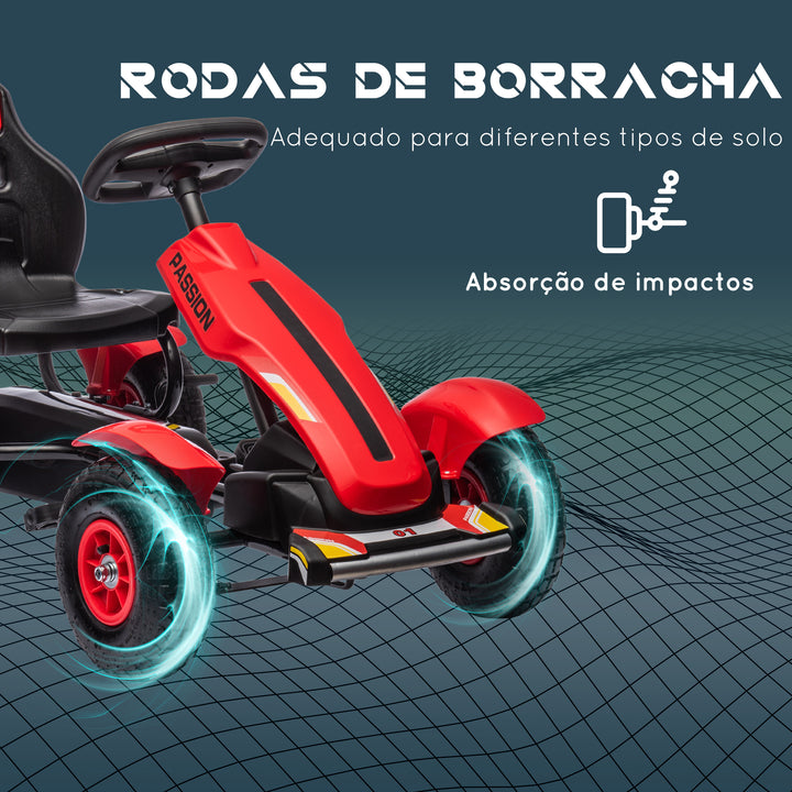Kart a Pedais para Crianças Kart a Pedais Infantil com Assento Ajustável Pneus de Goma Travão de Mão para Crianças de 5-12 Anos Carga Máxima 50 kg 121x58x61 cm Vermelho