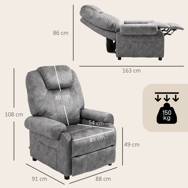 Poltrona Relax Reclinável Poltrona para Sala de Estar com Apoio para os Pés Retrátil Encosto Alto Bolso Lateral Acolchoado Grosso 88x91x108 cm Cinzento
