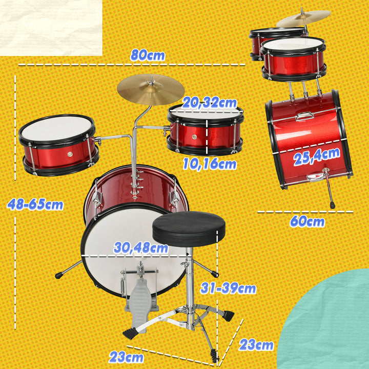 Bateria Infantil com Banco Ajustável Bateria para Crianças de +3 Anos com Tambores Bombo Prato Pedal e Baquetas 80x60x48-65 cm Vermelho