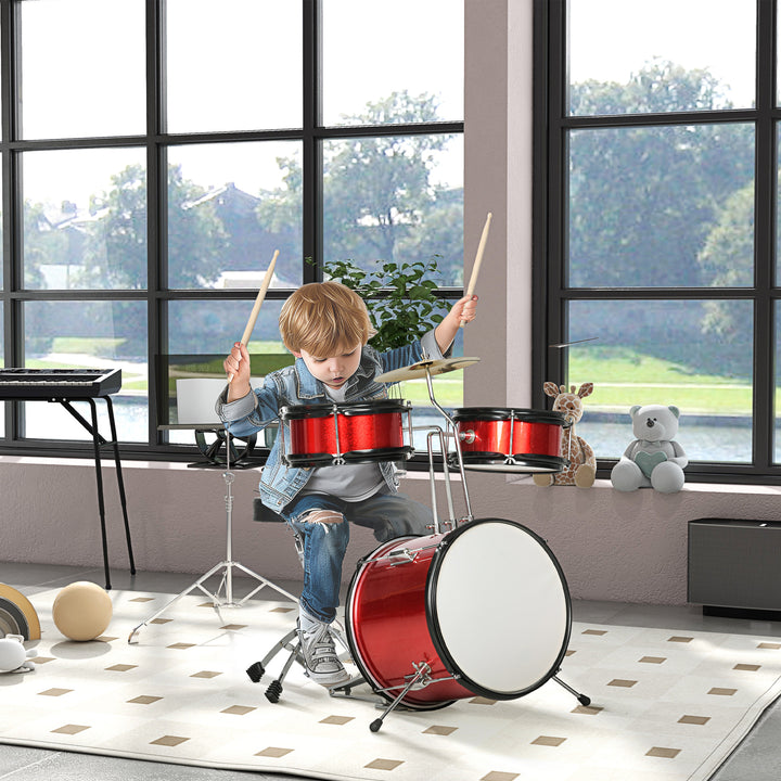 Bateria Infantil com Banco Ajustável Bateria para Crianças de +3 Anos com Tambores Bombo Prato Pedal e Baquetas 80x60x48-65 cm Vermelho
