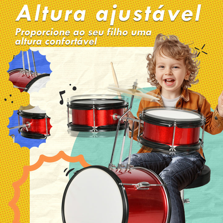 Bateria Infantil com Banco Ajustável Bateria para Crianças de +3 Anos com Tambores Bombo Prato Pedal e Baquetas 80x60x48-65 cm Vermelho