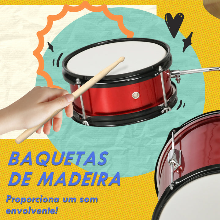 Bateria Infantil com Banco Ajustável Bateria para Crianças de +3 Anos com Tambores Bombo Prato Pedal e Baquetas 80x60x48-65 cm Vermelho