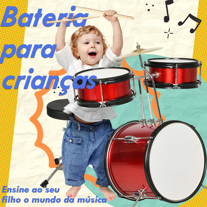 Bateria Infantil com Banco Ajustável Bateria para Crianças de +3 Anos com Tambores Bombo Prato Pedal e Baquetas 80x60x48-65 cm Vermelho
