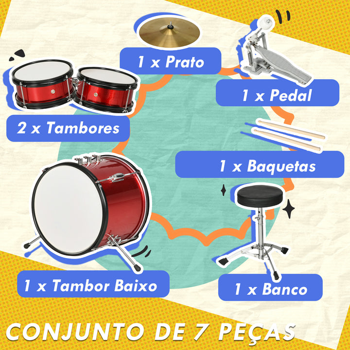 Bateria Infantil com Banco Ajustável Bateria para Crianças de +3 Anos com Tambores Bombo Prato Pedal e Baquetas 80x60x48-65 cm Vermelho