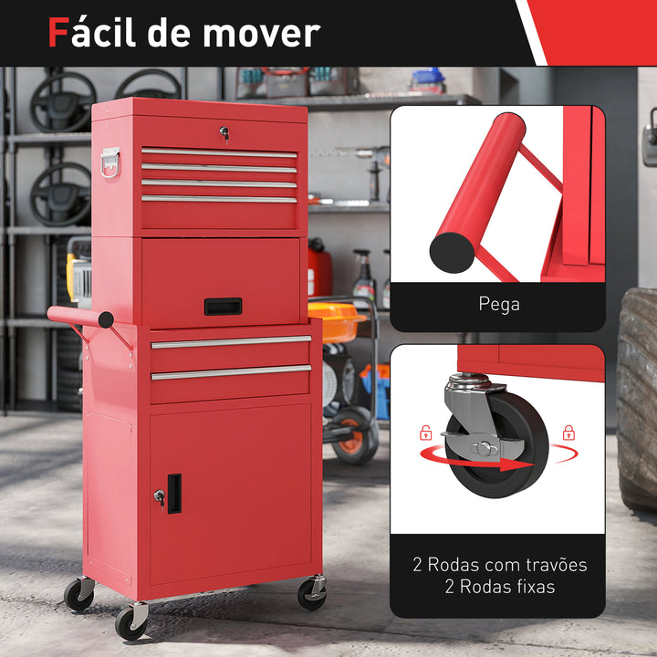 Carrinho de Ferramentas com 6 Gavetas e Fechos 3 em 1 Carrinho de Oficina Móvel com Rodas e Painel Lateral Perfurado Caixa de Ferramentas Desmontável de Aço para Oficina Garagem 60,5x33,5x131 cm Vermelho