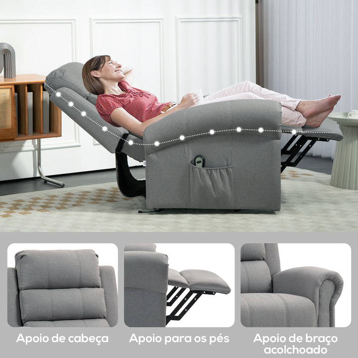 Poltrona Relax Reclinável Elétrica Levanta Pessoas com Massagem Vibratória e Aquecimento Poltrona Elevatória com Controlo Remoto Apoio para Pés Estofada em PU Bolsos Laterais 98x96x105 cm Cinza