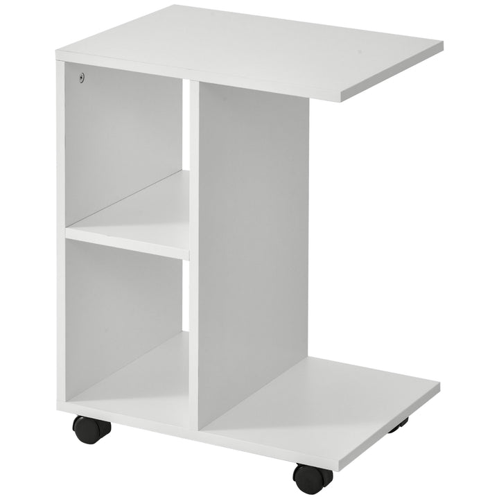 Mesa de Apoio para Sofá em forma de C com prateleiras e rodas para sala de estar e quarto 45x35x58 cm Branco