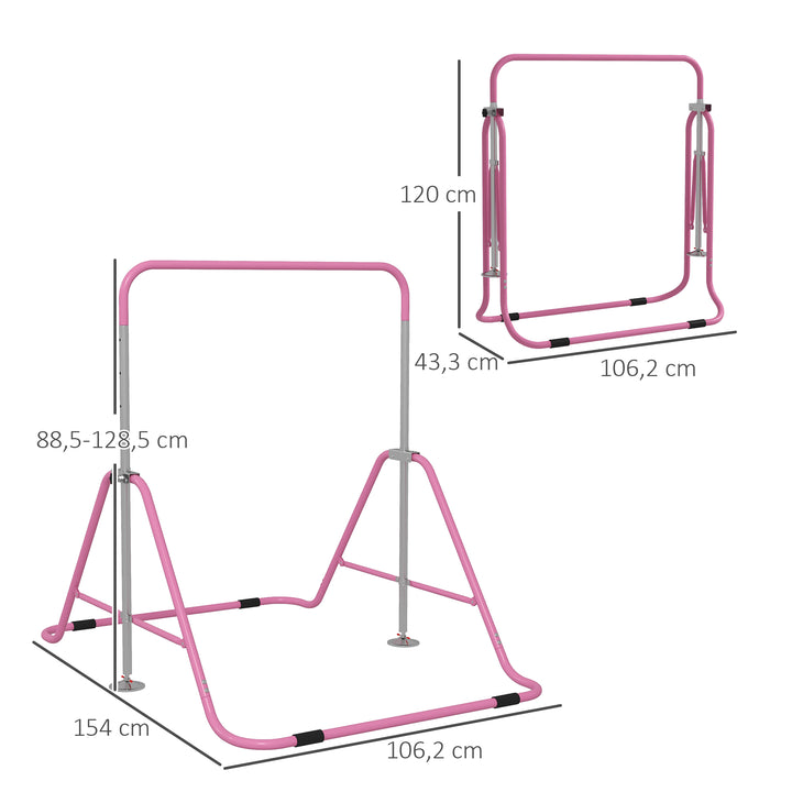 Barra de Ginástica Artística Barra Horizontal Dobrável com Altura Ajustável Equipamento de Ginástica para Treino em Casa para Crianças 154x106,2x88,5-128,5 cm Rosa