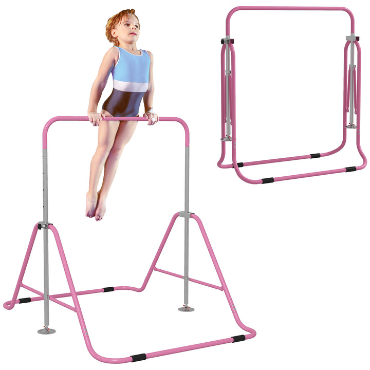 Barra de Ginástica Artística Barra Horizontal Dobrável com Altura Ajustável Equipamento de Ginástica para Treino em Casa para Crianças 154x106,2x88,5-128,5 cm Rosa