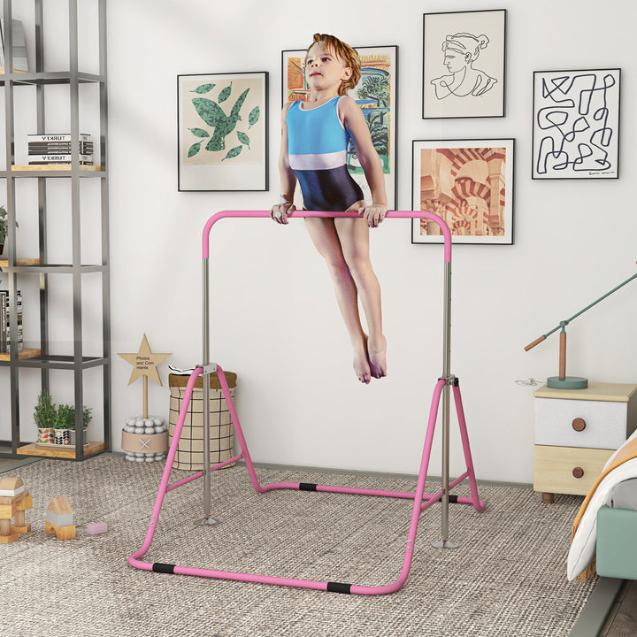 Barra de Ginástica Artística Barra Horizontal Dobrável com Altura Ajustável Equipamento de Ginástica para Treino em Casa para Crianças 154x106,2x88,5-128,5 cm Rosa
