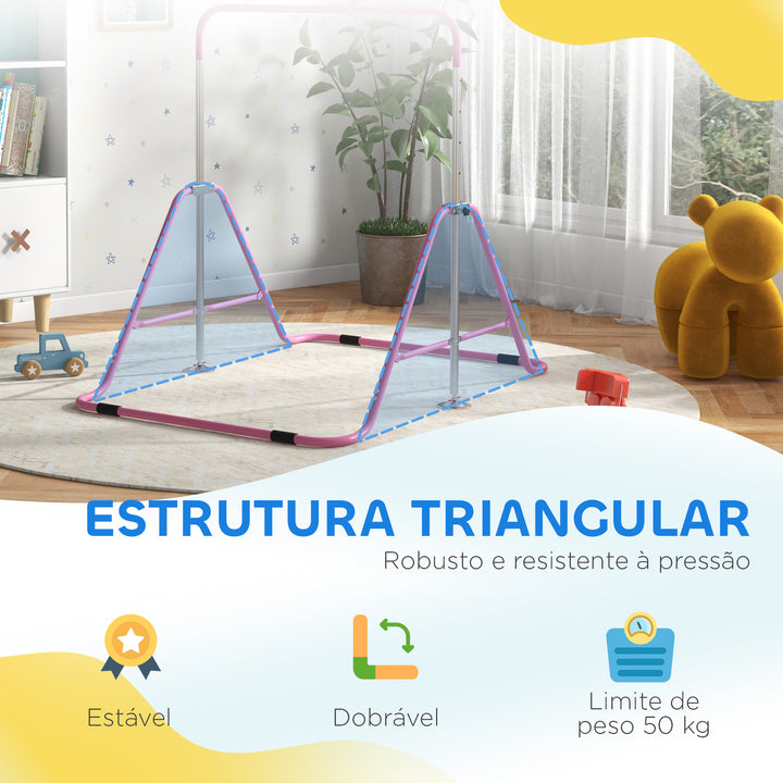 Barra de Ginástica Artística Barra Horizontal Dobrável com Altura Ajustável Equipamento de Ginástica para Treino em Casa para Crianças 154x106,2x88,5-128,5 cm Rosa