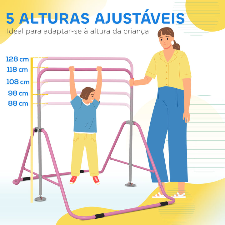 Barra de Ginástica Artística Barra Horizontal Dobrável com Altura Ajustável Equipamento de Ginástica para Treino em Casa para Crianças 154x106,2x88,5-128,5 cm Rosa