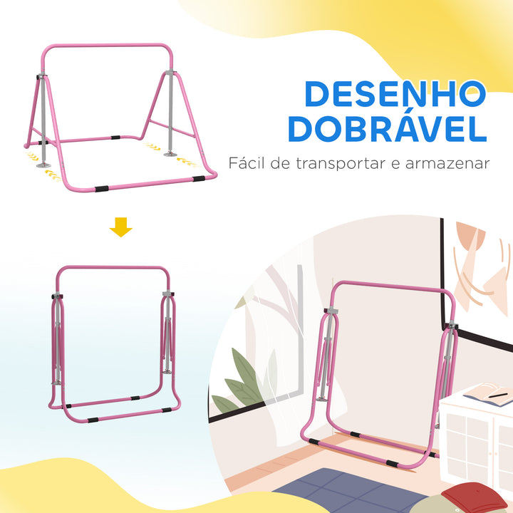 Barra de Ginástica Artística Barra Horizontal Dobrável com Altura Ajustável Equipamento de Ginástica para Treino em Casa para Crianças 154x106,2x88,5-128,5 cm Rosa