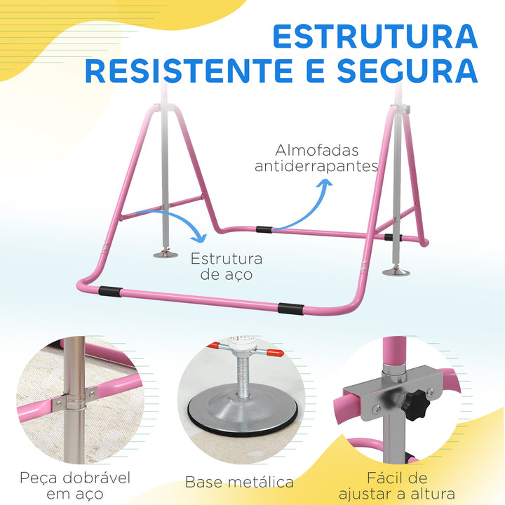 Barra de Ginástica Artística Barra Horizontal Dobrável com Altura Ajustável Equipamento de Ginástica para Treino em Casa para Crianças 154x106,2x88,5-128,5 cm Rosa