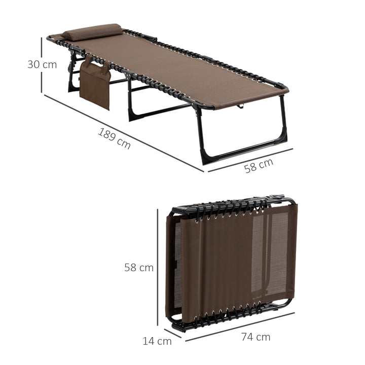 Espreguiçadeira Dobrável Espreguiçadeira de Jardim com Encosto Ajustável Apoio para a Cabeça Acolchoado Bolso Lateral e Estrura de Aço 185x58x30 cm Marrom