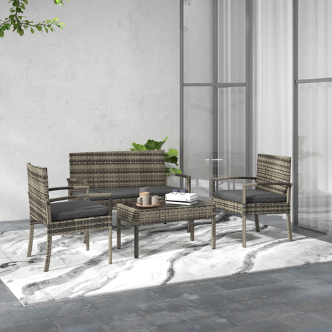 Conjunto Móveis de Jardim em Vime Sintético Conjunto de 4 Peças Móveis de Jardim com 2 Poltronas 1 Sofá de 2 Lugares e 1 Mesa de Centro com Bancada de Vidro para Pátio Cinza