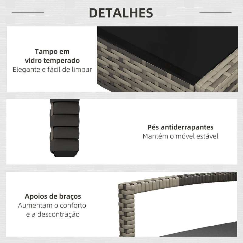 Conjunto Móveis de Jardim em Vime Sintético Conjunto de 4 Peças Móveis de Jardim com 2 Poltronas 1 Sofá de 2 Lugares e 1 Mesa de Centro com Bancada de Vidro para Pátio Cinza