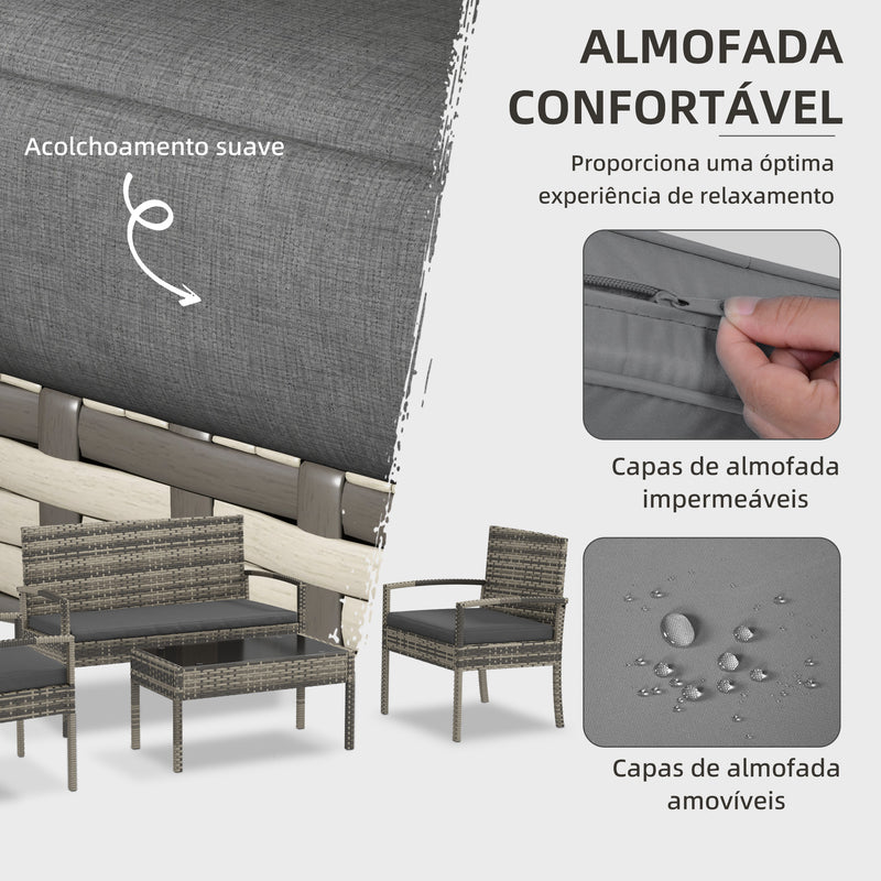 Conjunto Móveis de Jardim em Vime Sintético Conjunto de 4 Peças Móveis de Jardim com 2 Poltronas 1 Sofá de 2 Lugares e 1 Mesa de Centro com Bancada de Vidro para Pátio Cinza