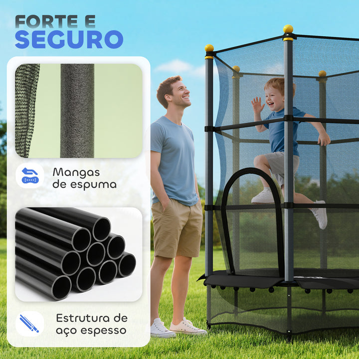 Trampolim para Crianças acima de 3 Anos Cama Elástica Infantil com Rede de Segurança e Estrutura de Aço para Interiores e Exteriores Carga 50kg Ø140x190 cm Preto