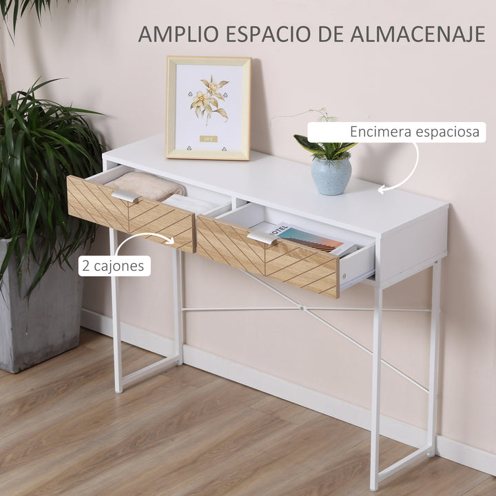 Mesa Consola 100x30x75cm Mesa de Entrada Moderno com 2 Gavetas de Armazenamento e Estrutura de Metal para Corredor Sala de Estar Branco