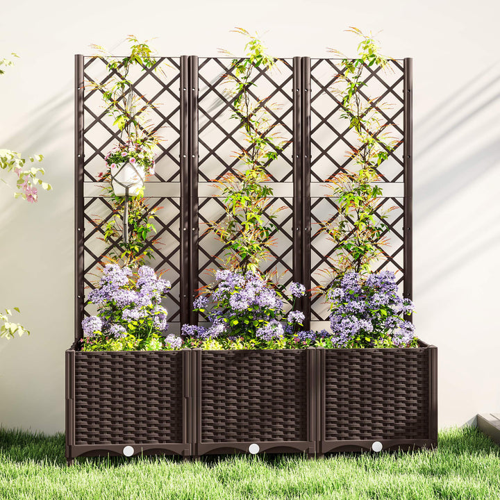 Floreira com Treliça de PP Floreira Exterior Grande com Drenagem e Amplo Espaço para Plantas Trepadoras Vaso com Suporte para Jardim Pátio Terraço 120x40x135 cm Marrom