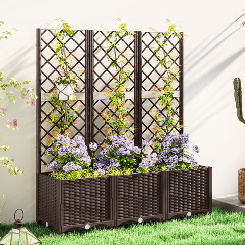 Floreira com Treliça de PP Floreira Exterior Grande com Drenagem e Amplo Espaço para Plantas Trepadoras Vaso com Suporte para Jardim Pátio Terraço 120x40x135 cm Marrom
