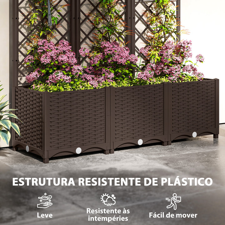 Floreira com Treliça de PP Floreira Exterior Grande com Drenagem e Amplo Espaço para Plantas Trepadoras Vaso com Suporte para Jardim Pátio Terraço 120x40x135 cm Marrom