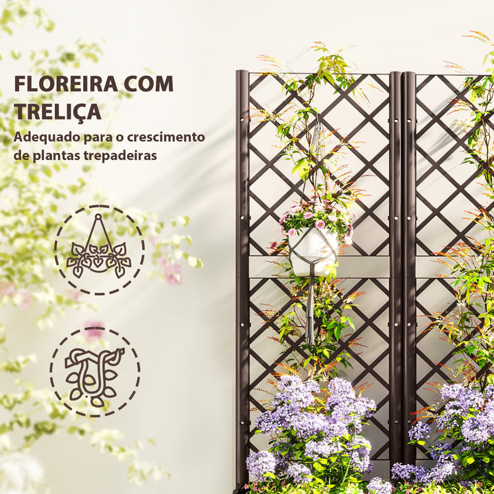 Floreira com Treliça de PP Floreira Exterior Grande com Drenagem e Amplo Espaço para Plantas Trepadoras Vaso com Suporte para Jardim Pátio Terraço 120x40x135 cm Marrom