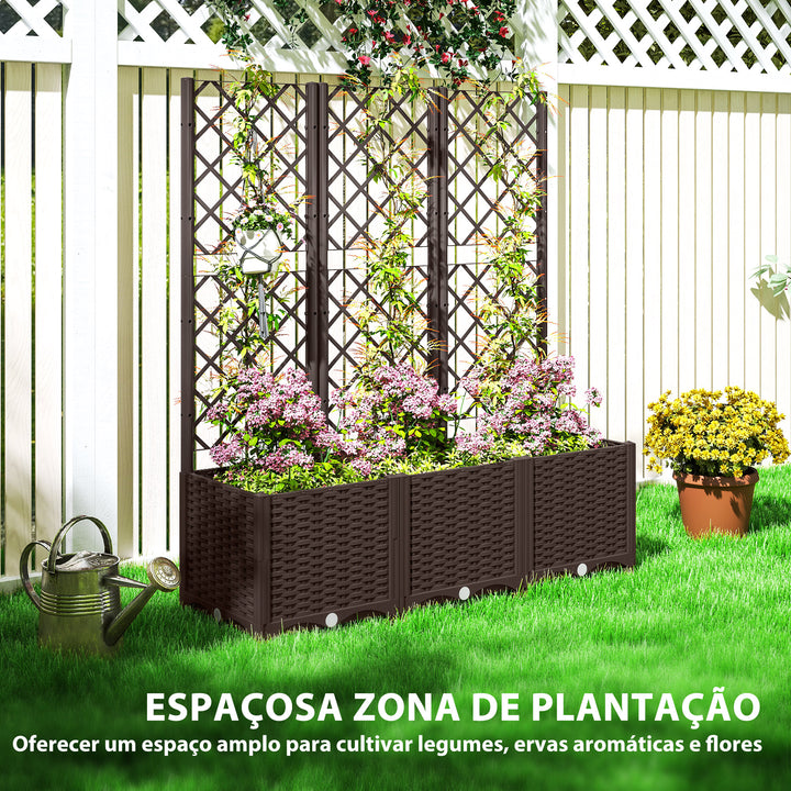 Floreira com Treliça de PP Floreira Exterior Grande com Drenagem e Amplo Espaço para Plantas Trepadoras Vaso com Suporte para Jardim Pátio Terraço 120x40x135 cm Marrom