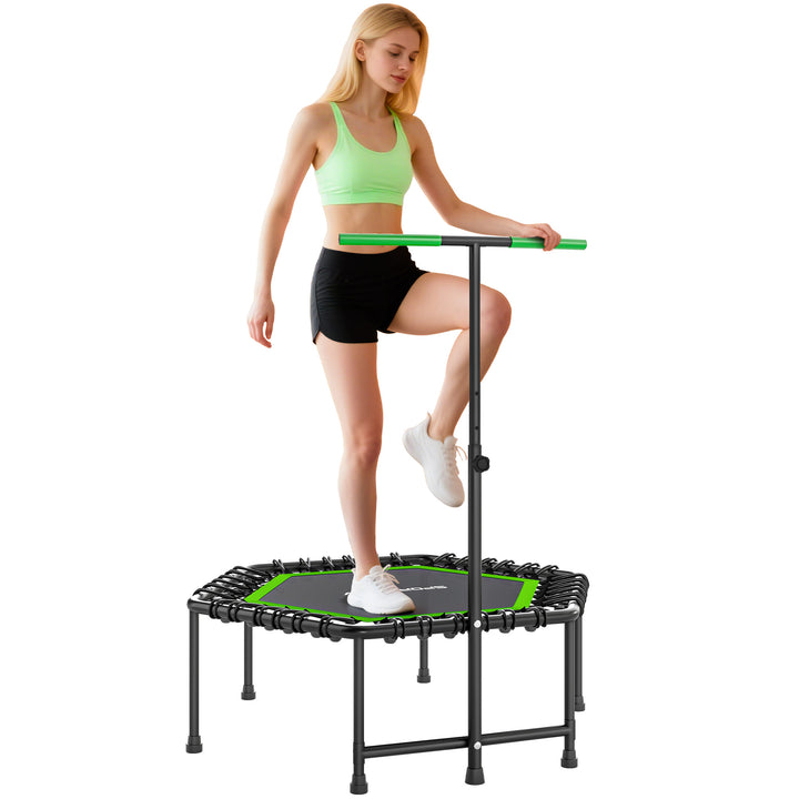 Trampolim Fitness 114x114x132 cm Trampolim Fitness com Guiador Ajustável em 3 Níveis Estrutura de Aço para Treino de Perna Corpo em Casa Escritório Ginásio Verde