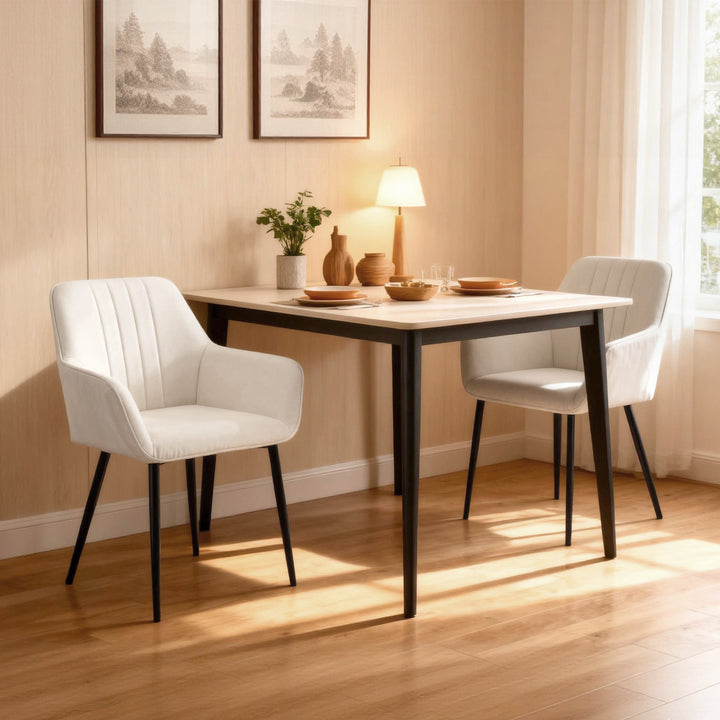 Conjunto de 2 Cadeiras de Sala de Jantar Estofadas em Linho Cadeiras de Cozinha com Encosto Apoio para os Braços e Pés de Metal 59,5x56,5x81 cm Bege Claro