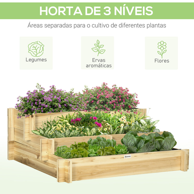 Caixa de Plantio de Madeira de 3 Níveis Horta Vertical em Escada com Malha Geotextil para Cultivos de Plantas Flores para Jardim Terraço Exterior 93x93x35 cm Natural