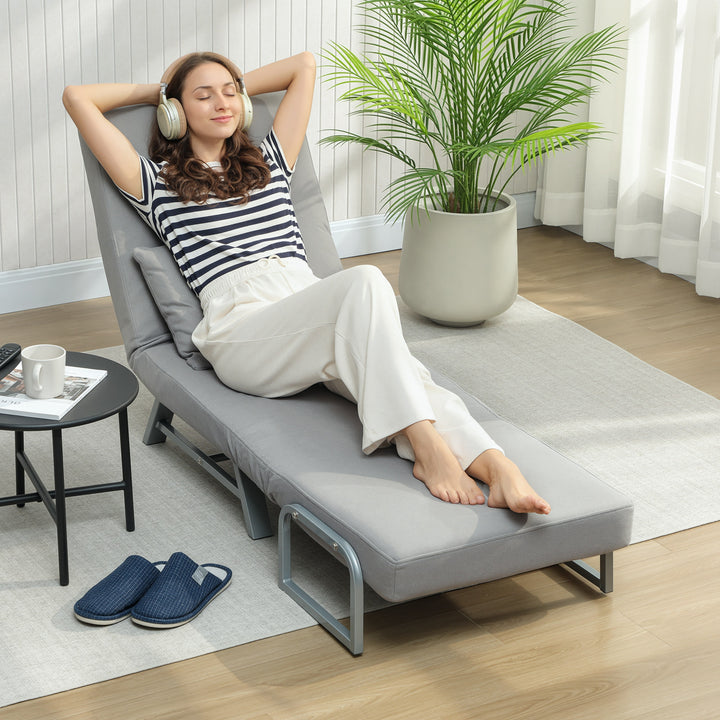 Sofá Cama de 1 Lugar 3 em 1 Sofá Cama Dobrável Estofado em Linho Sintético com Encosto Ajustável em 5 Níveis e Almofada Acolchoada para Escritório Quarto Sala de Estar 73x78x81 cm Cinzento Claro