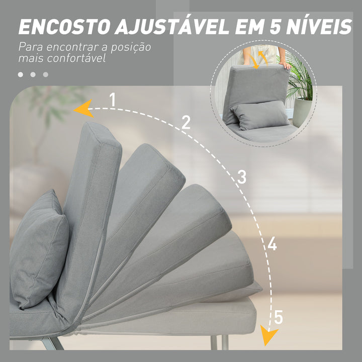 Sofá Cama de 1 Lugar 3 em 1 Sofá Cama Dobrável Estofado em Linho Sintético com Encosto Ajustável em 5 Níveis e Almofada Acolchoada para Escritório Quarto Sala de Estar 73x78x81 cm Cinzento Claro