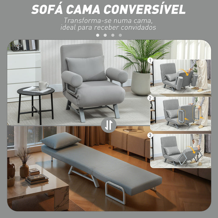 Sofá Cama de 1 Lugar 3 em 1 Sofá Cama Dobrável Estofado em Linho Sintético com Encosto Ajustável em 5 Níveis e Almofada Acolchoada para Escritório Quarto Sala de Estar 73x78x81 cm Cinzento Claro