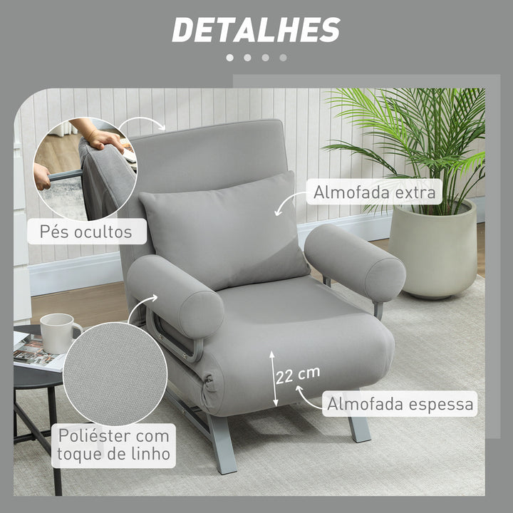 Sofá Cama de 1 Lugar 3 em 1 Sofá Cama Dobrável Estofado em Linho Sintético com Encosto Ajustável em 5 Níveis e Almofada Acolchoada para Escritório Quarto Sala de Estar 73x78x81 cm Cinzento Claro