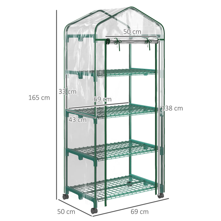 Estufa Pequena Estufa de Exterior com Rodas Prateleiras de 4 Níveis Porta com Fecho de Correr e Estrutura de Aço Estufa para Cultivar Plantas Flores 69x50x165 cm Transparente